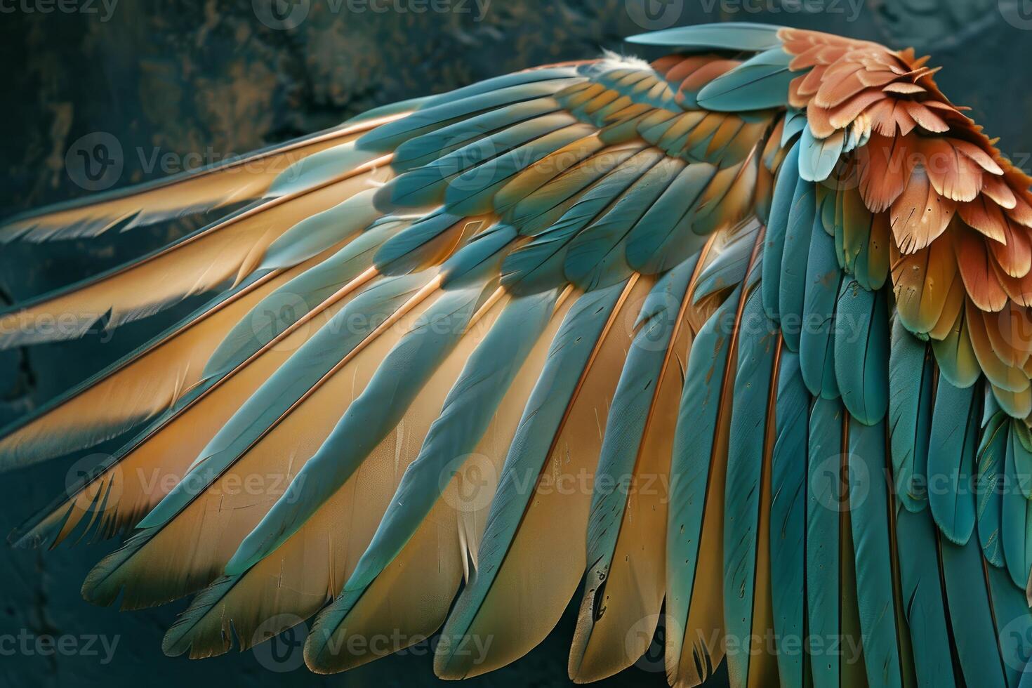 Colorful bird wing feathers showing intricate detail photo