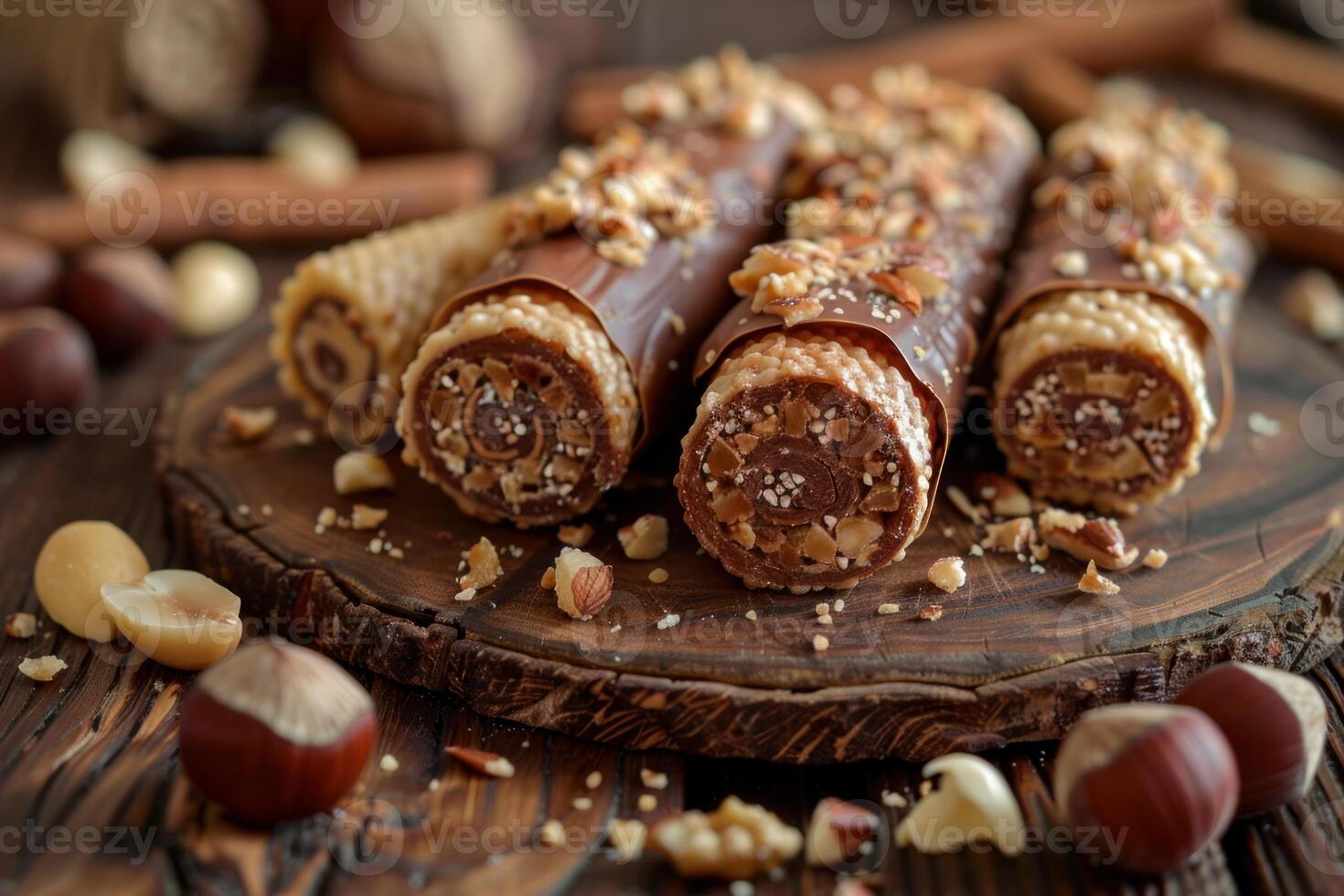 Delicious wafer rolls covered with chocolate lying on wooden board with hazelnuts around photo