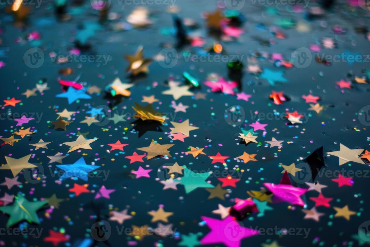 Colorful shiny star shaped confetti scattered on a dark blue surface photo