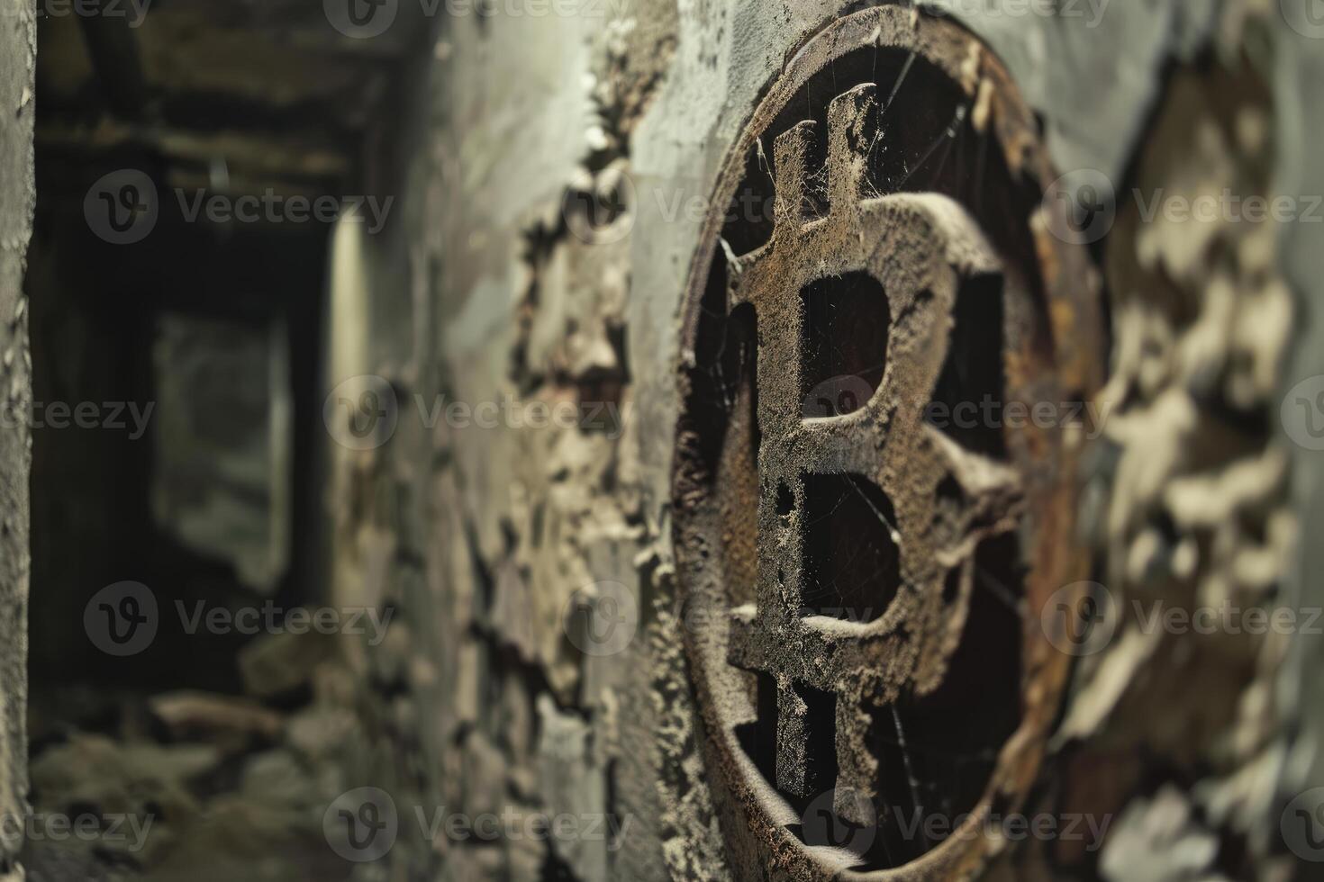 Rusty bitcoin sign hanging in abandoned building photo