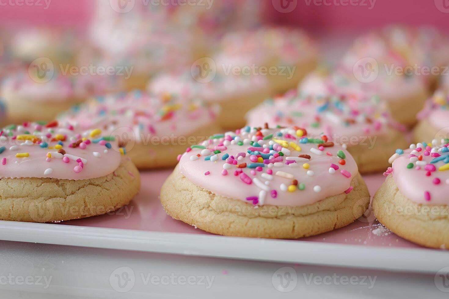 Sugar cookies covered in pink frosting and sprinkles resting on pink plate photo