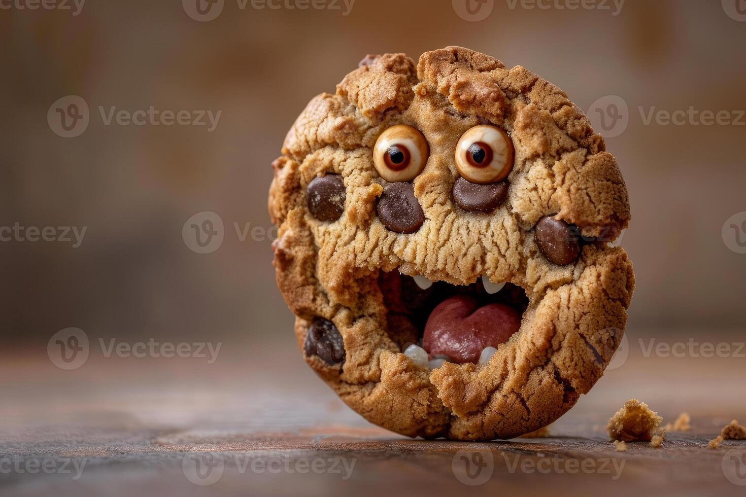 Scary chocolate chip cookie monster shouting with mouth open photo
