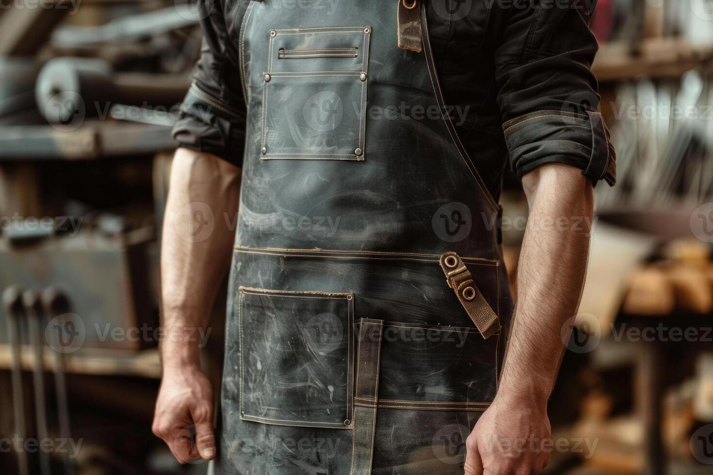 Blacksmith wearing leather apron standing in workshop photo