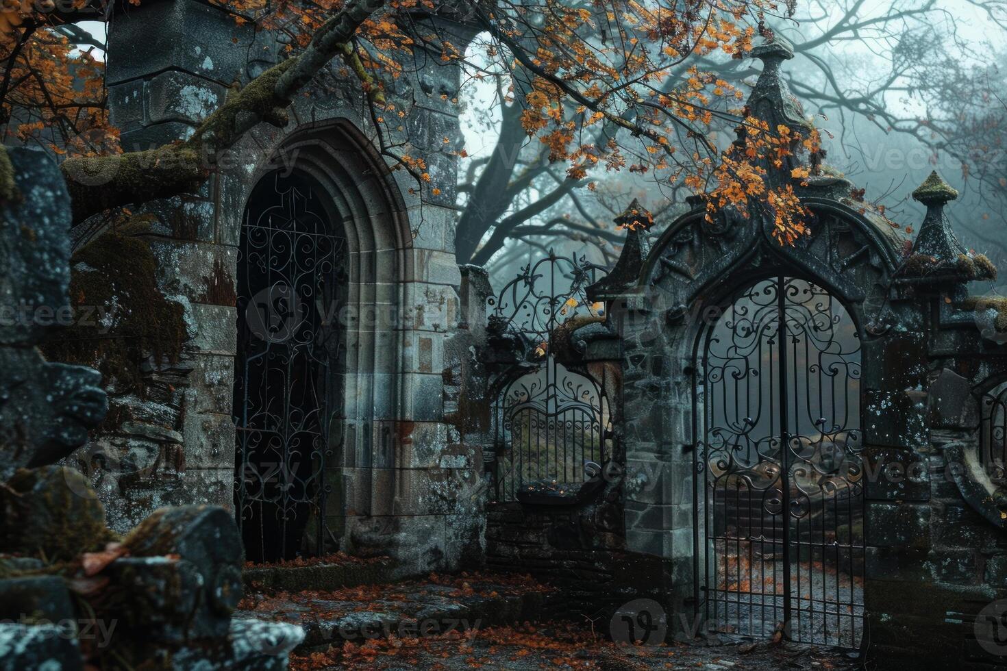 Old wrought iron gate leading to mysterious overgrown cemetery in autumn photo