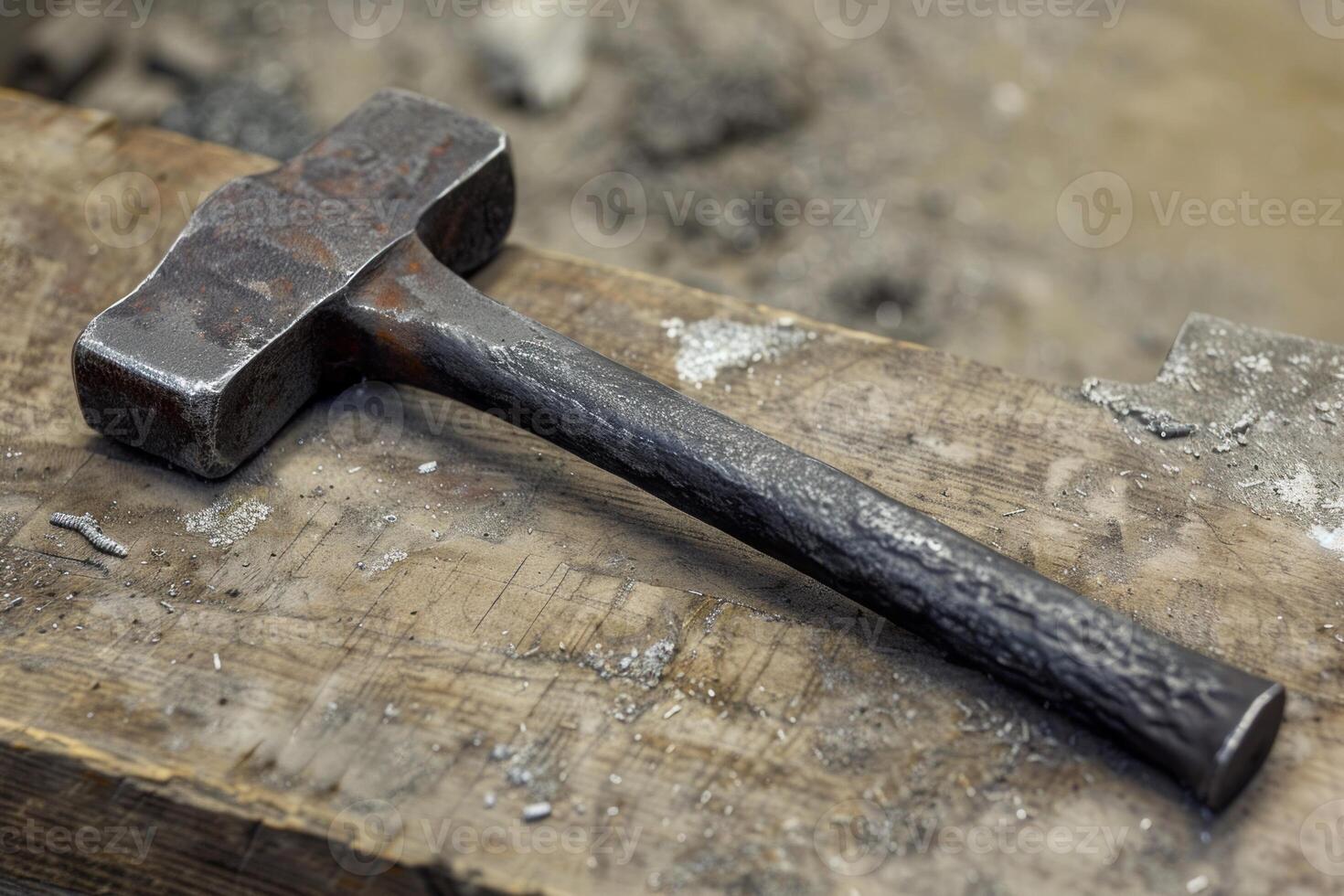 Old blacksmith hammer resting on a workbench photo