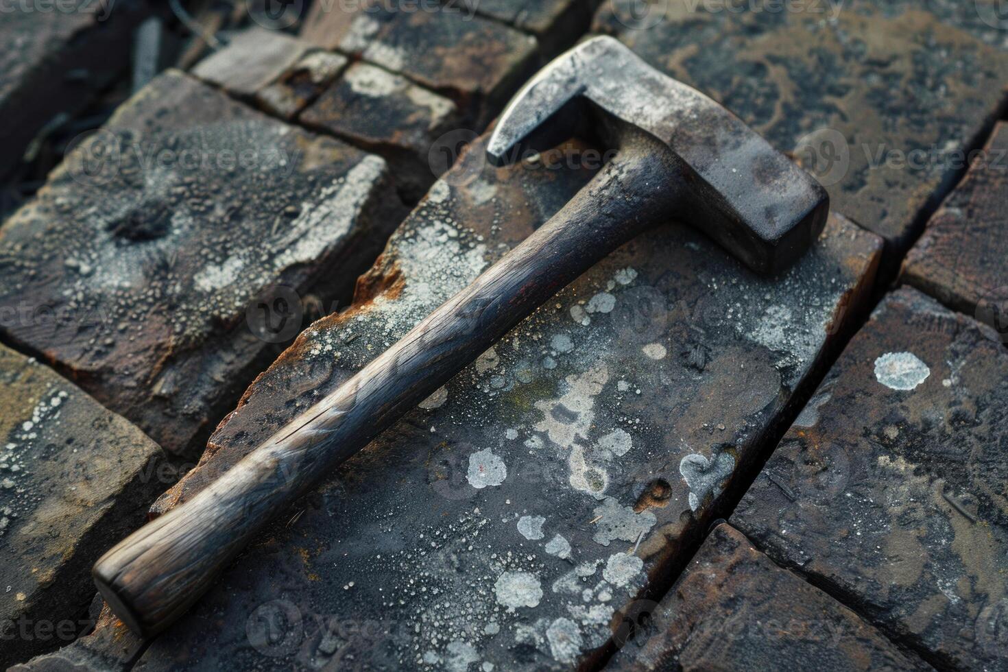 Old rusty hammer resting on pile of bricks photo