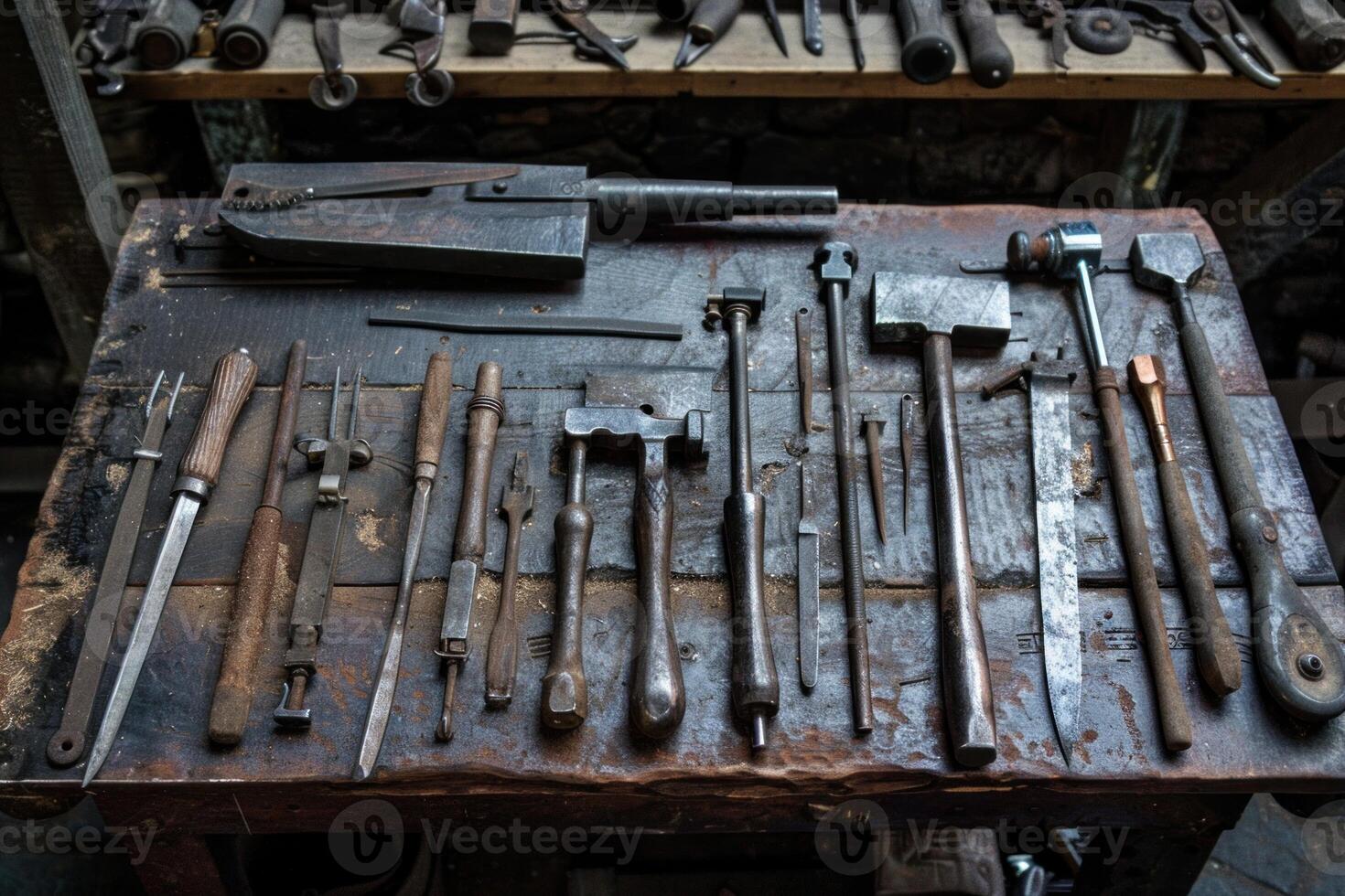 Old, rusty tools are lying on a workbench in a workshop photo
