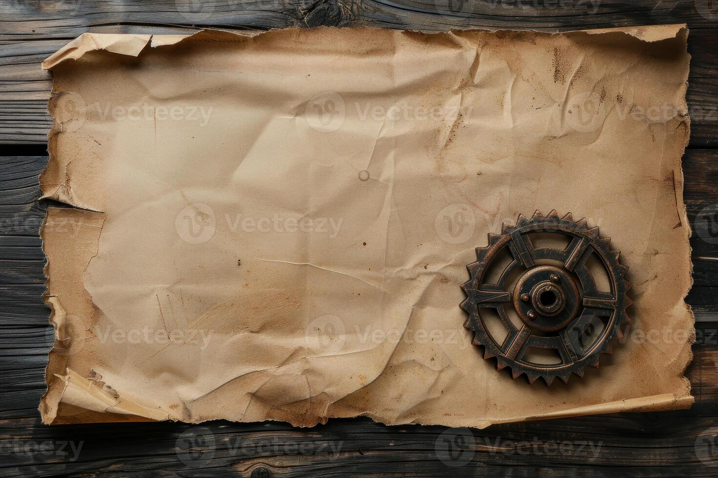 Gear wheel resting on old paper on a wooden table photo