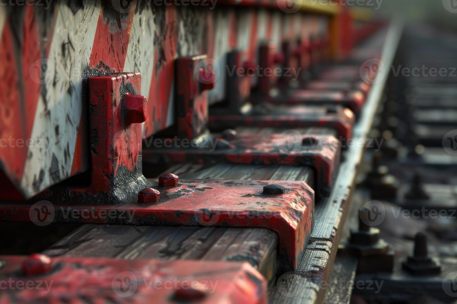 Red and white railroad crossing showing signs of wear and tear photo