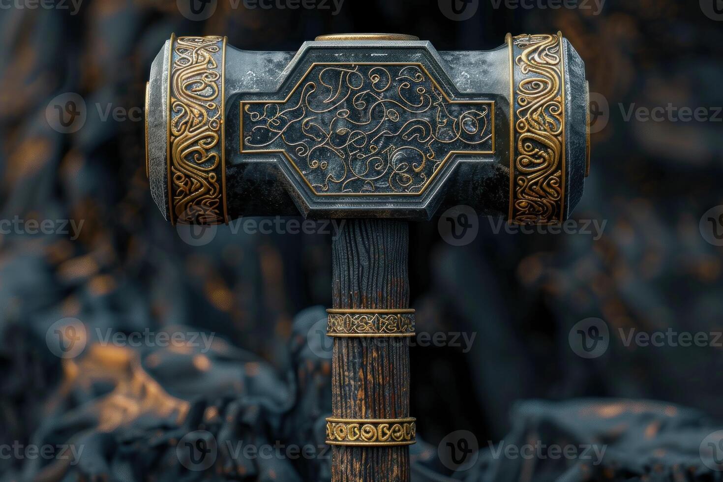 Mythical hammer standing upright on a dark background photo