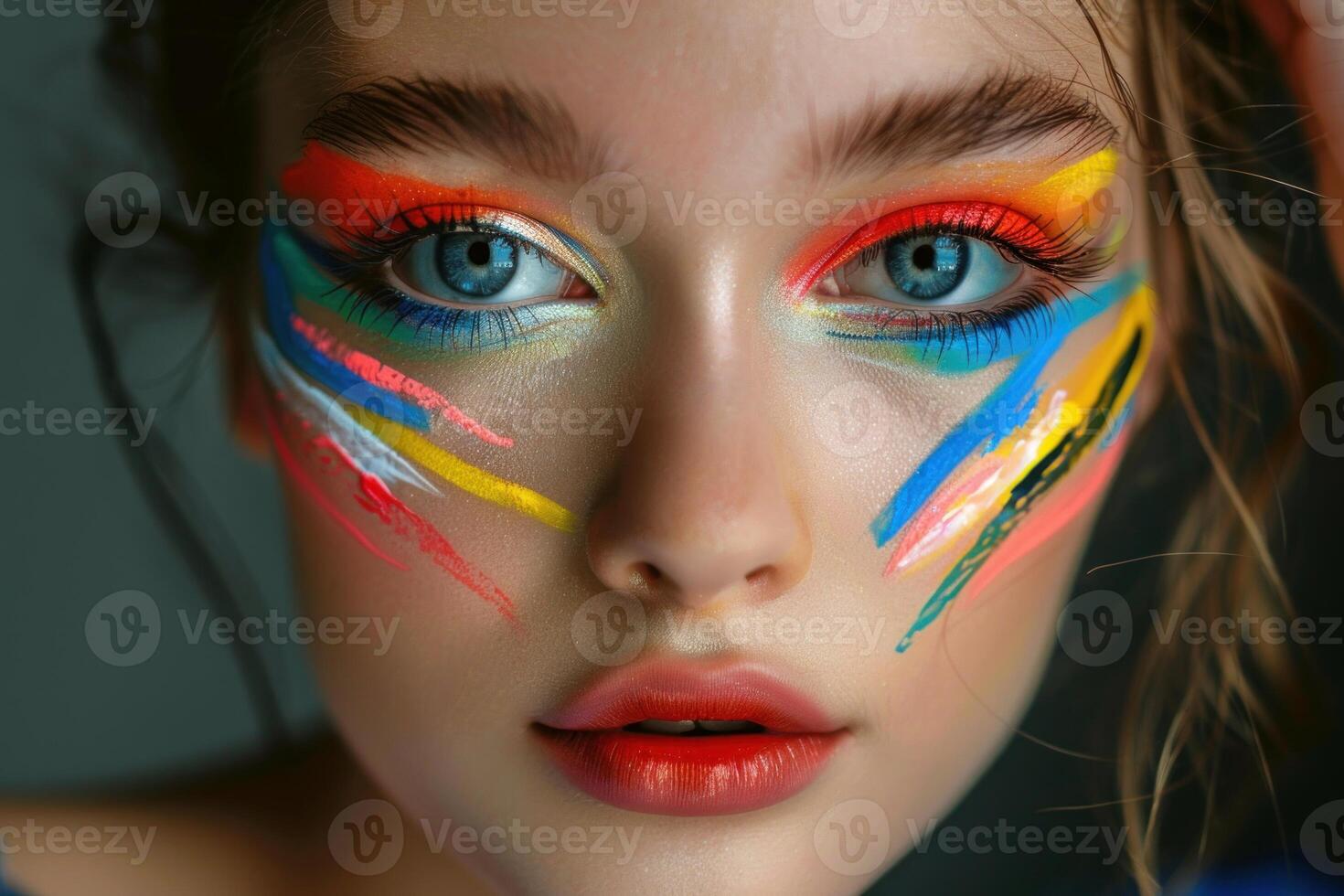 Beautiful woman posing with creative colorful makeup on face photo