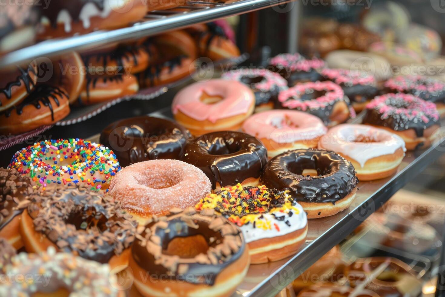 Assorted donuts display in bakery shop photo