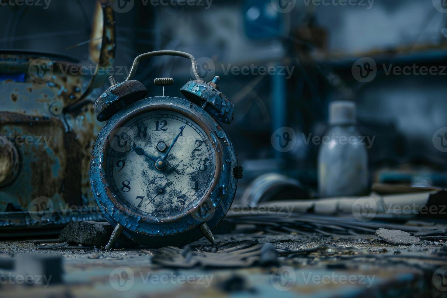 Old alarm clock showing time passing in abandoned factory photo