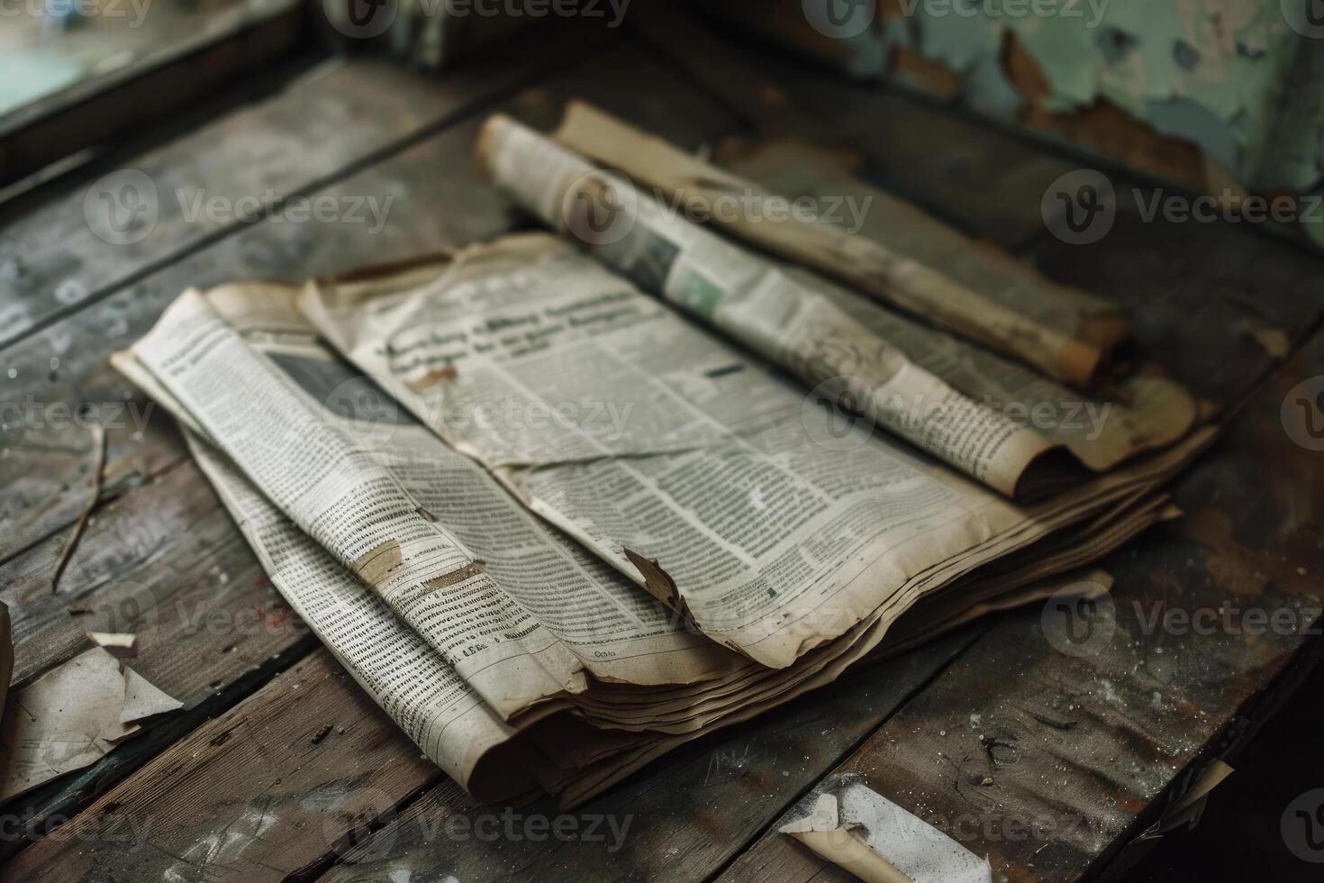 Pile of old newspapers resting on rustic wooden table photo