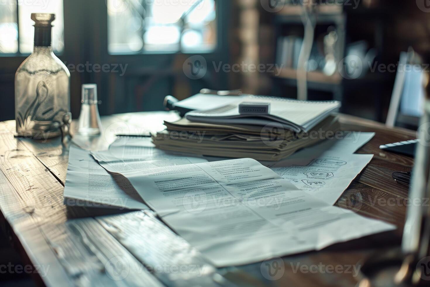 Architect working on blueprints at wooden desk with tools and papers photo