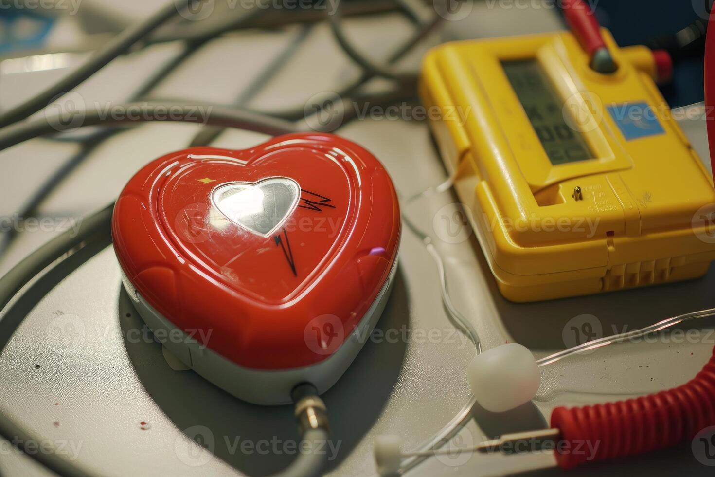 Red heart shaped medical device measuring heart rate with yellow device beside photo