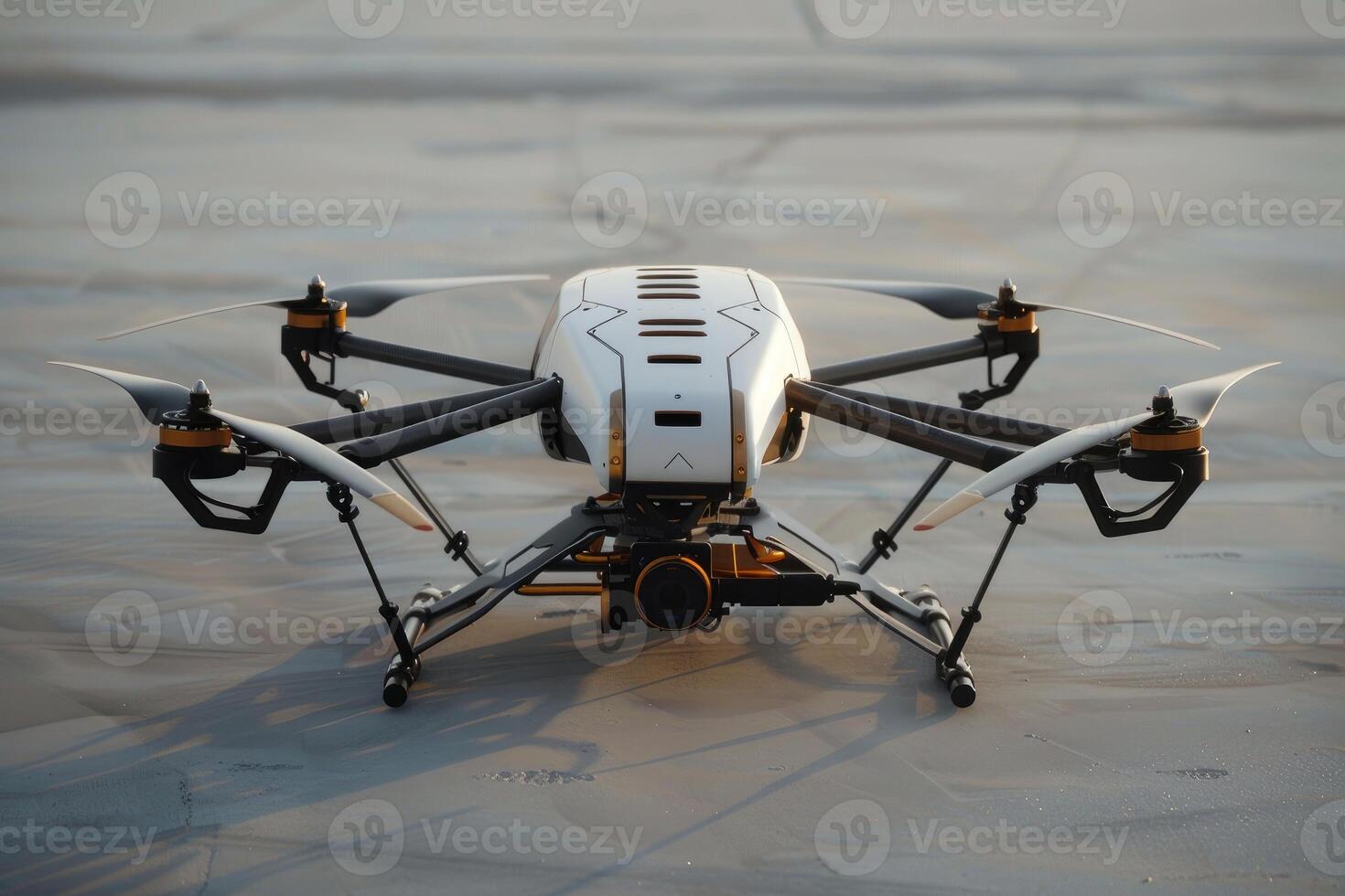 Professional drone standing on concrete surface with camera ready for takeoff photo