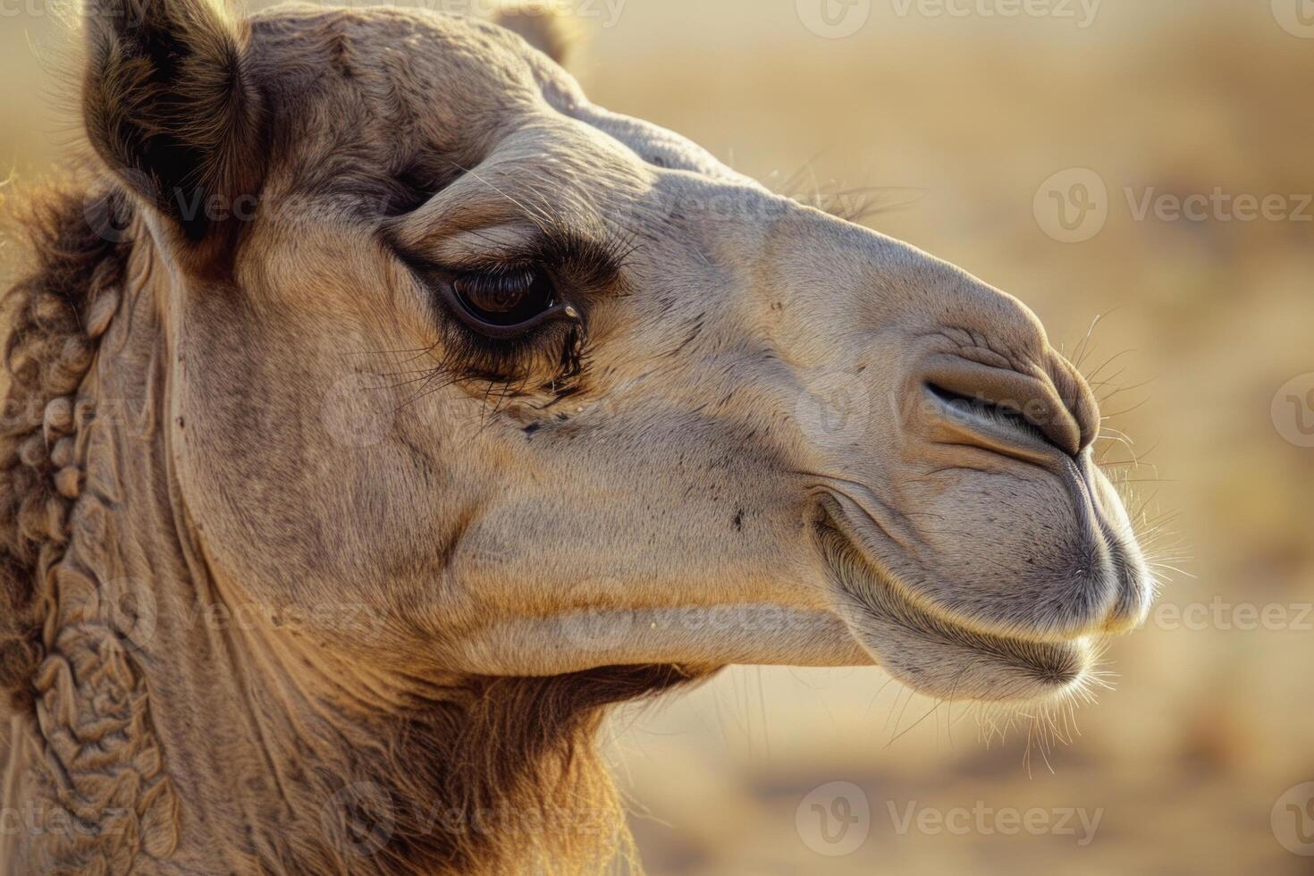 Close up of a dromedary camel relaxing in the desert photo