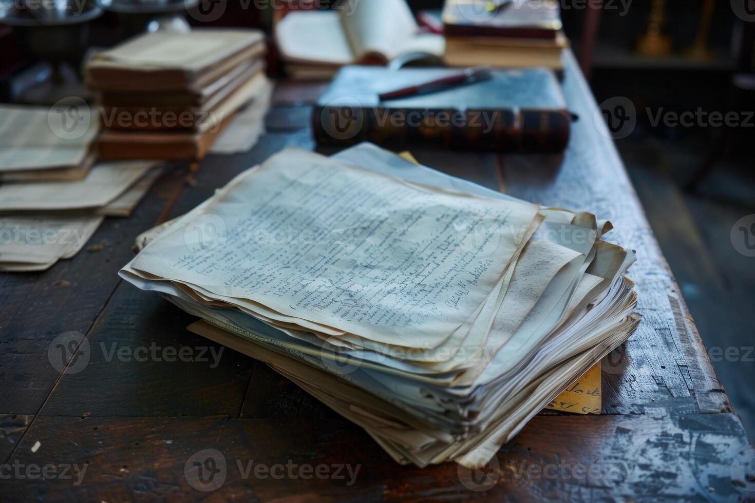 Stack of old handwritten letters on a desk is showing the passage of time photo
