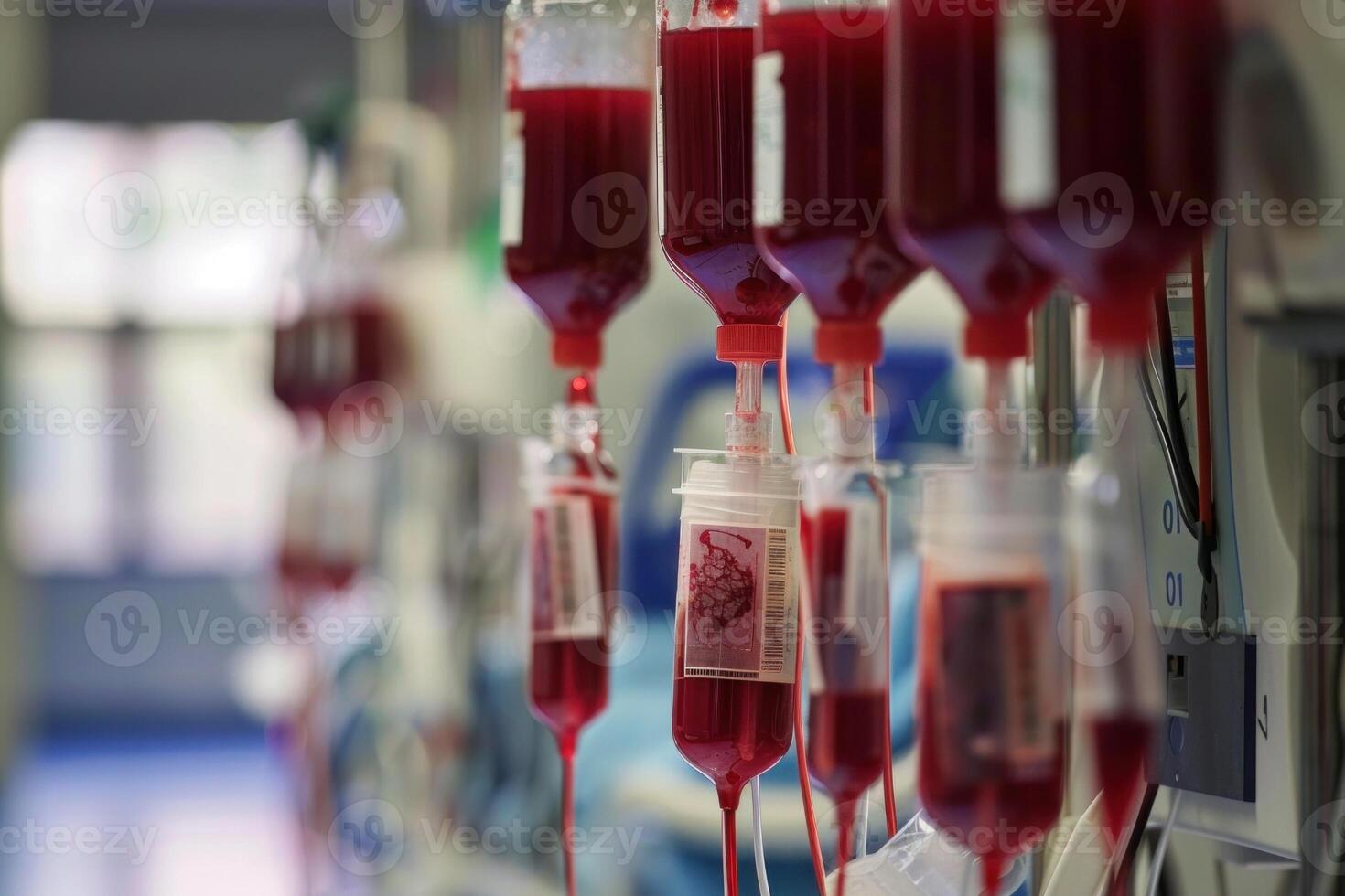 Iv bags filled with blood are being prepared for a blood transfusion photo