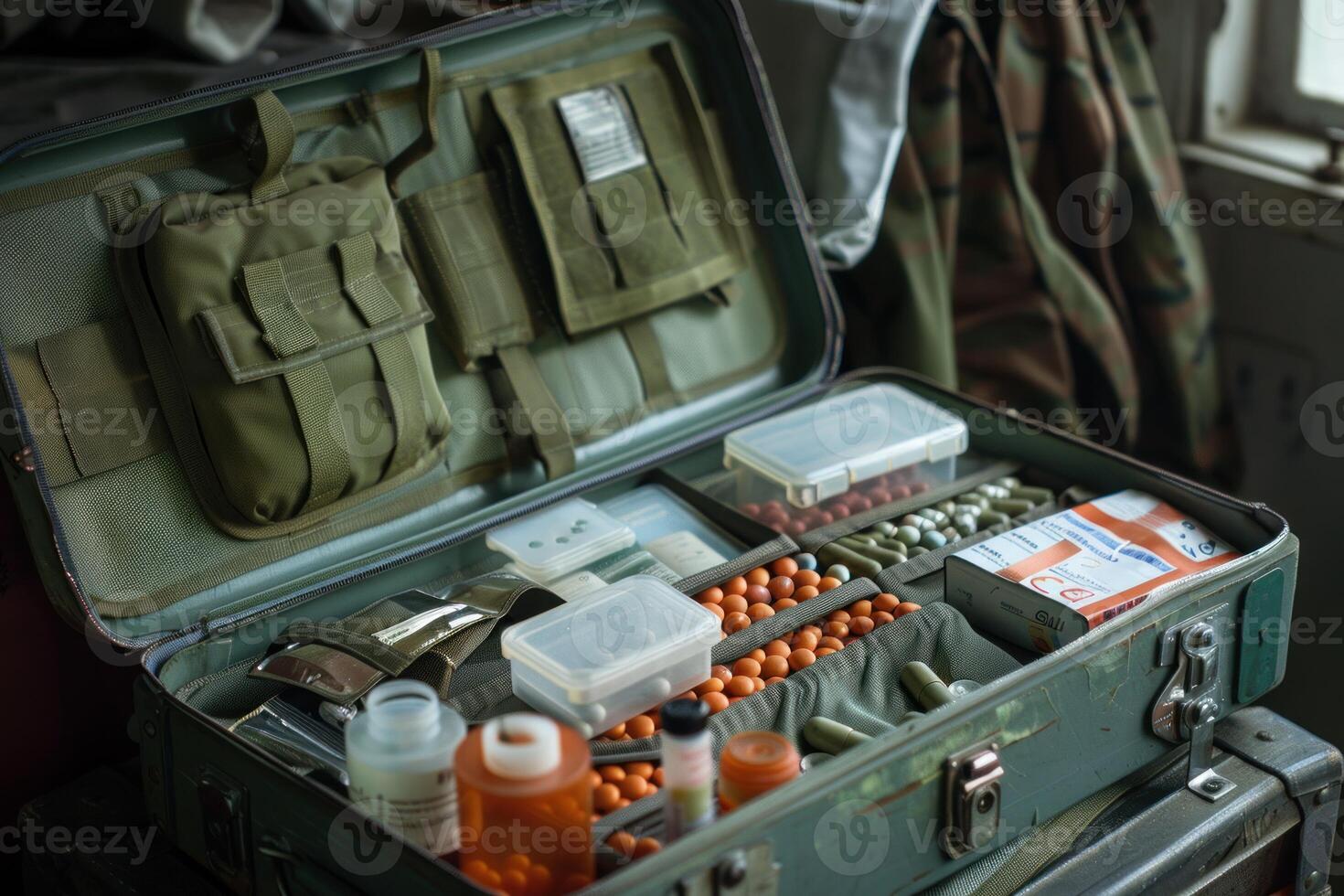 First aid kit open showing essential medical supplies photo