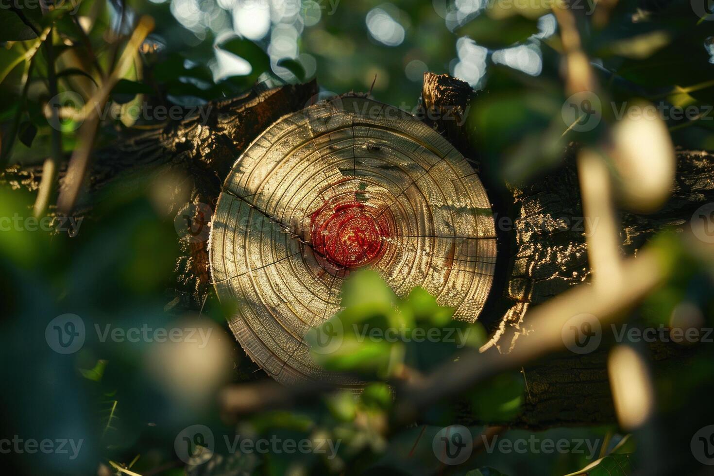 Sunlight illuminating cross section of tree trunk in forest photo