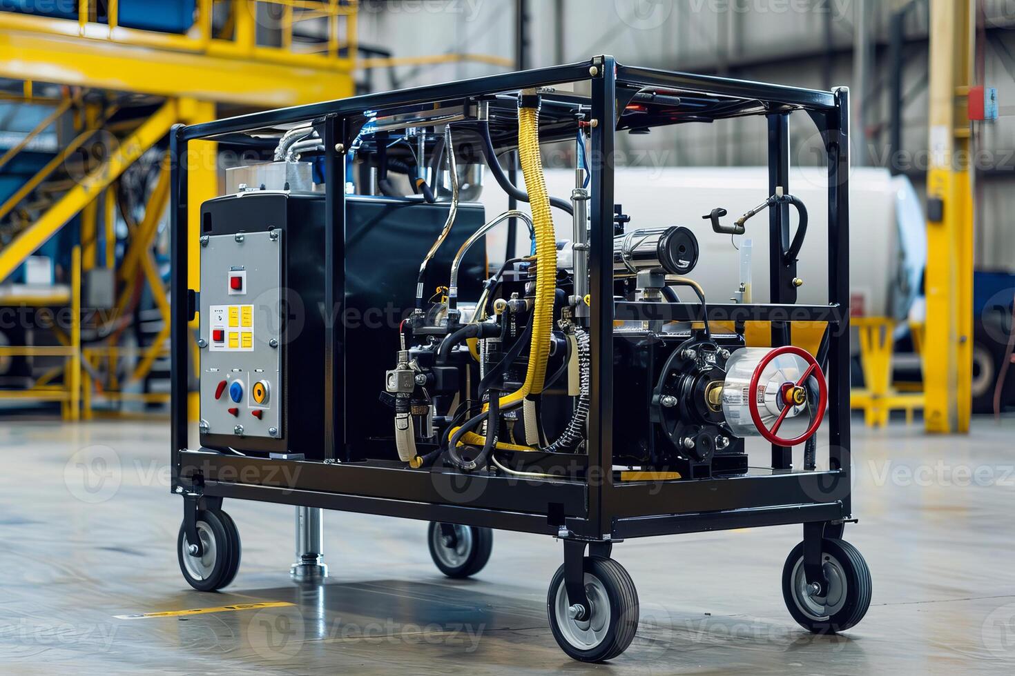 Industrial equipment standing in empty factory workshop photo