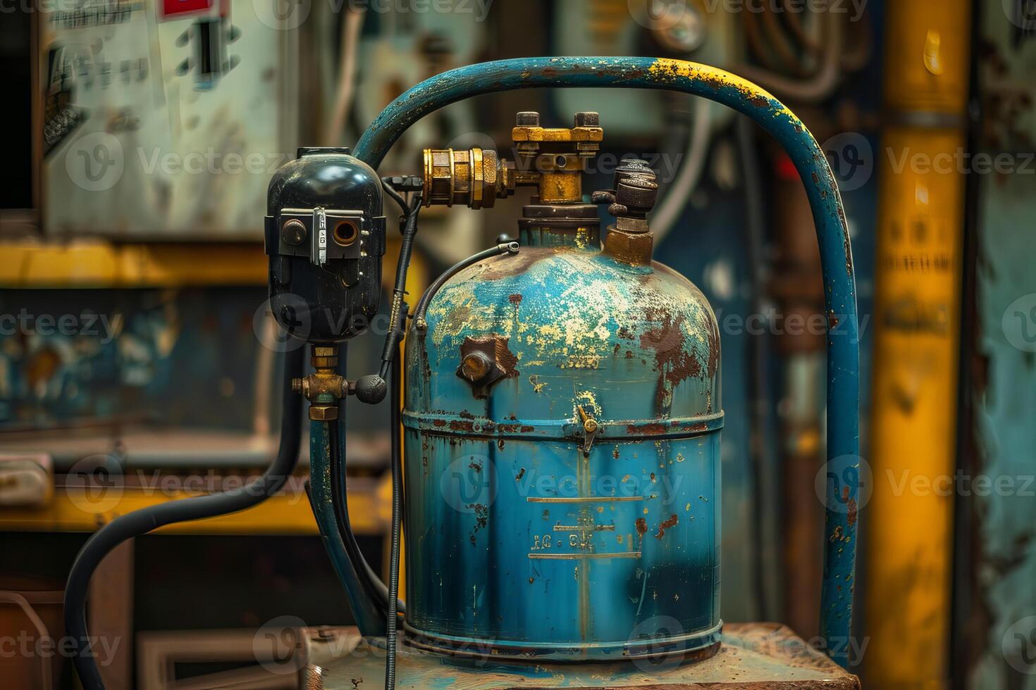 Old rusty acetylene gas cylinder standing in workshop photo
