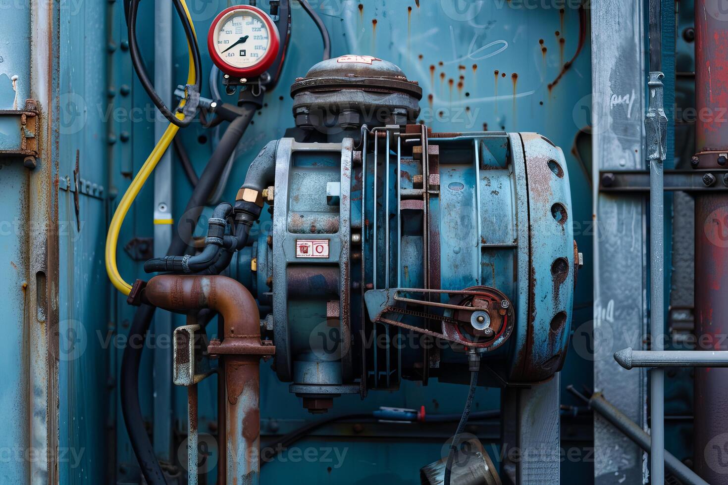 Old rusty water pump with pressure gauge showing pressure photo