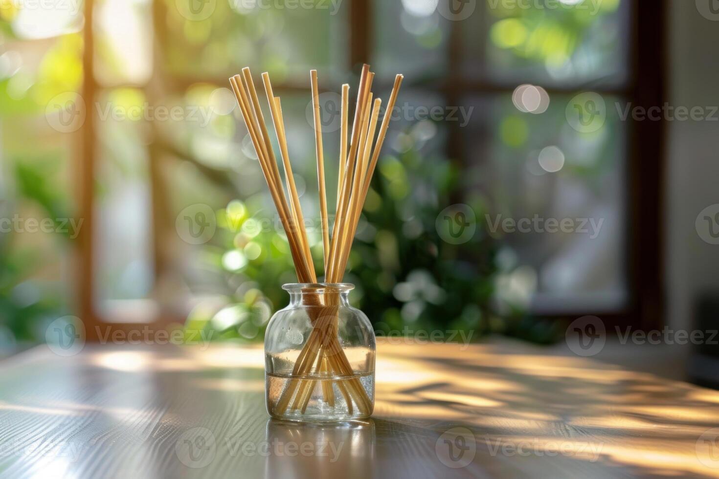 Aromatic reed diffuser spreading pleasant scent in a sunny room photo