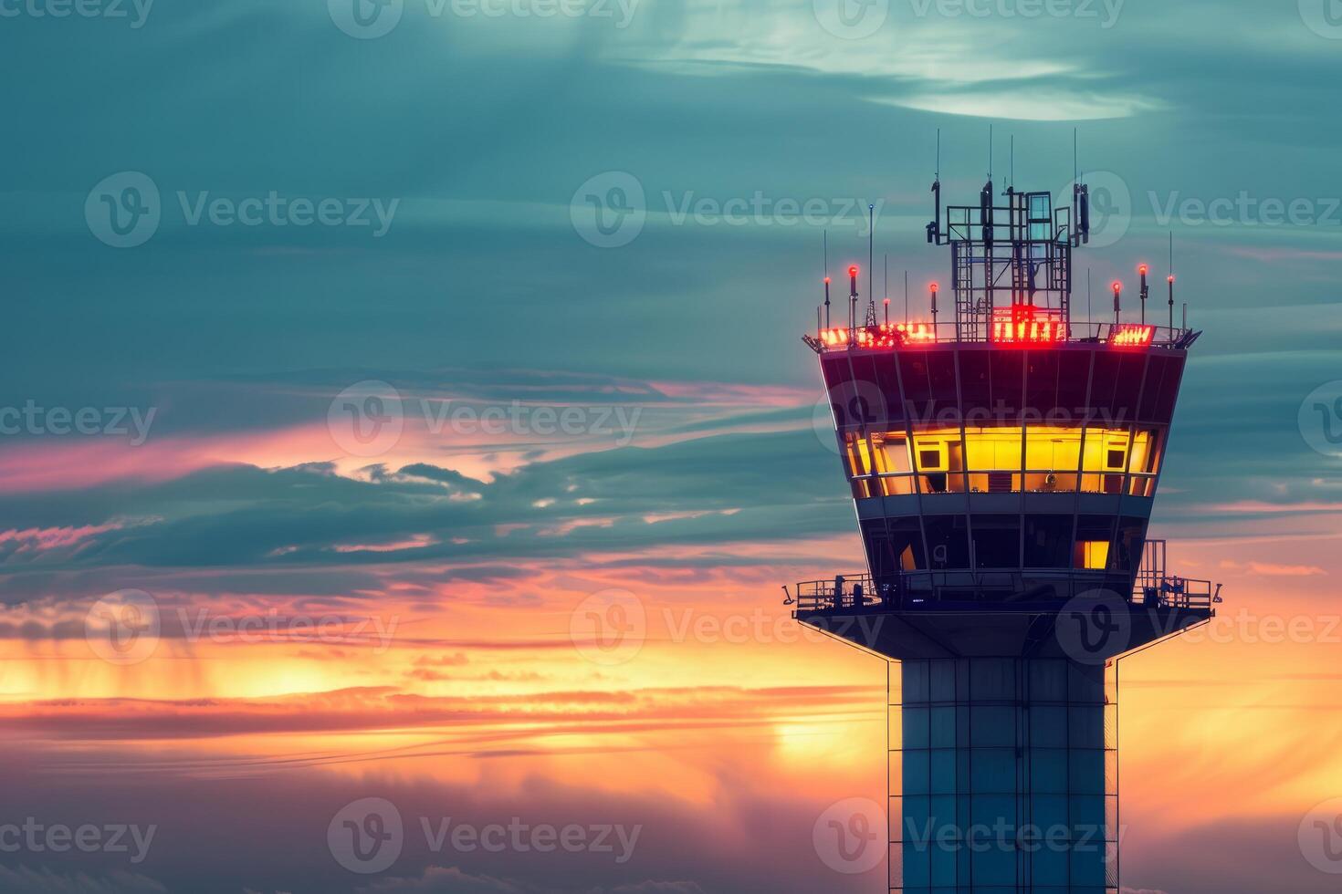 Airport control tower standing tall at sunset with dramatic clouds photo