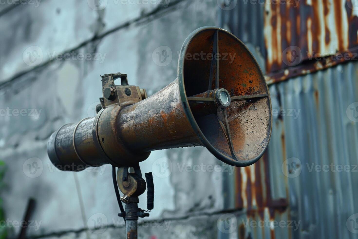 Old rusty megaphone standing in front of a wall photo