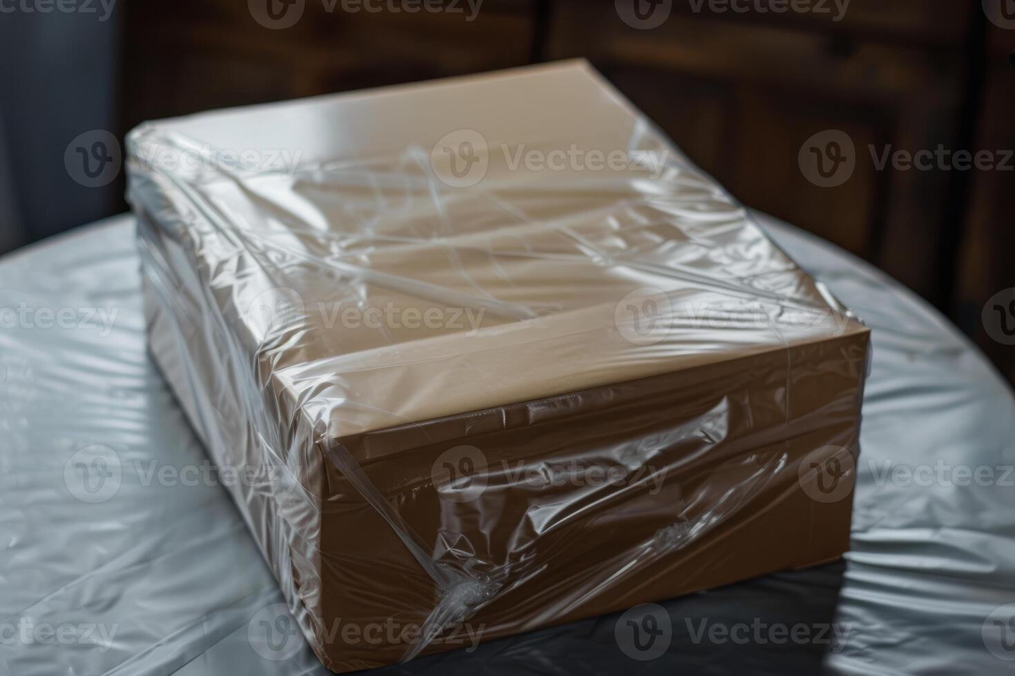 Cardboard box wrapped in plastic foil sitting on table photo