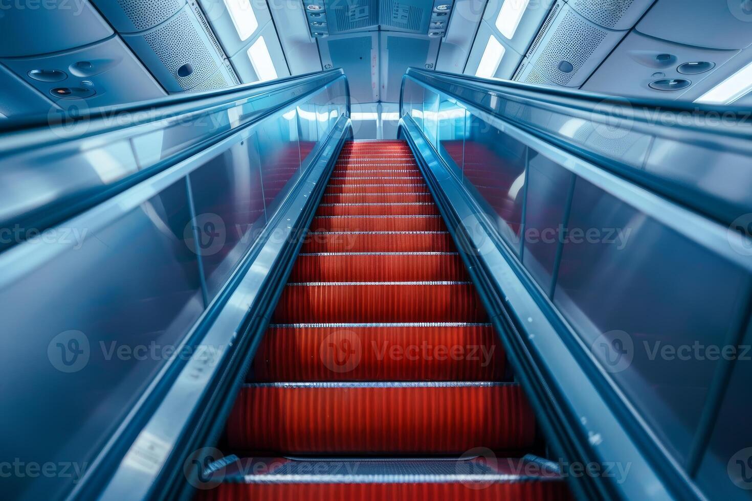 Red escalator leading upwards inside a modern building photo