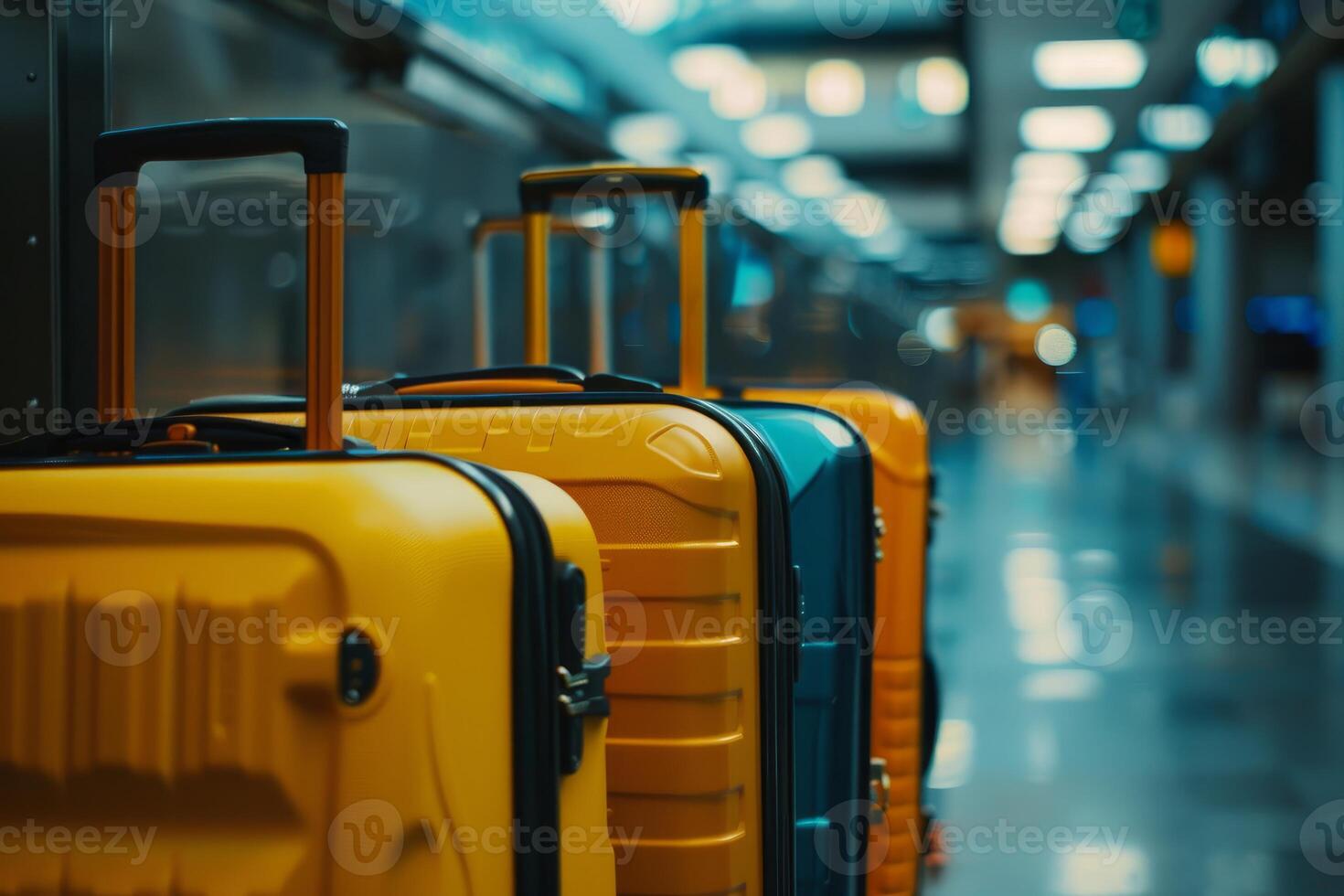 Luggage standing in line at the airport terminal photo