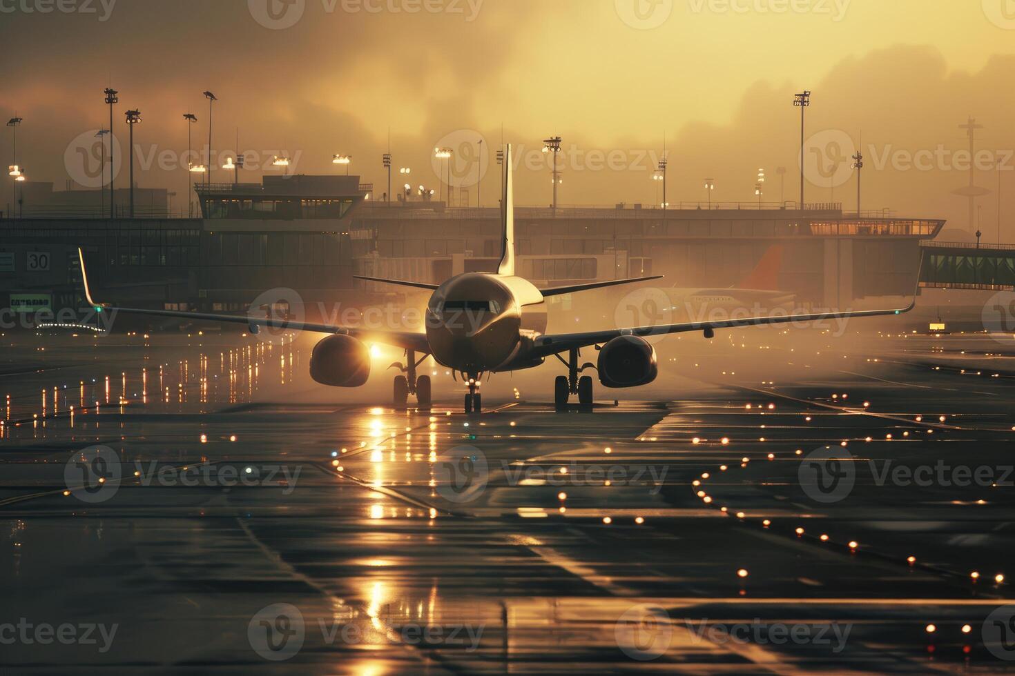 Passenger airplane taxiing on runway at sunset photo