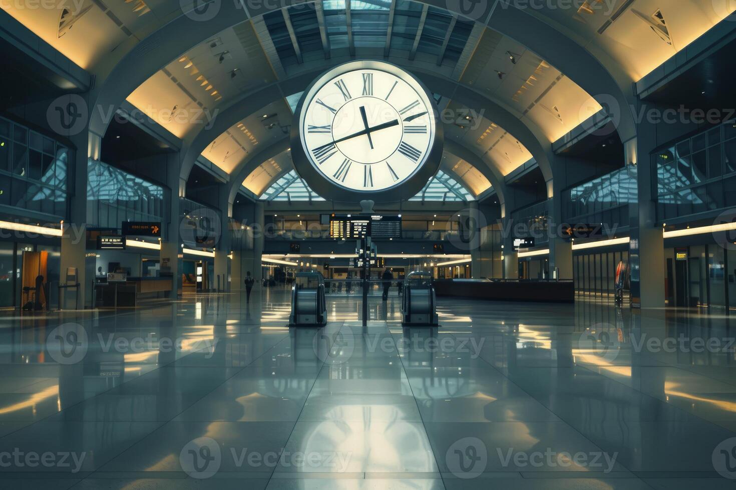 Large clock hanging from ceiling in empty airport terminal photo