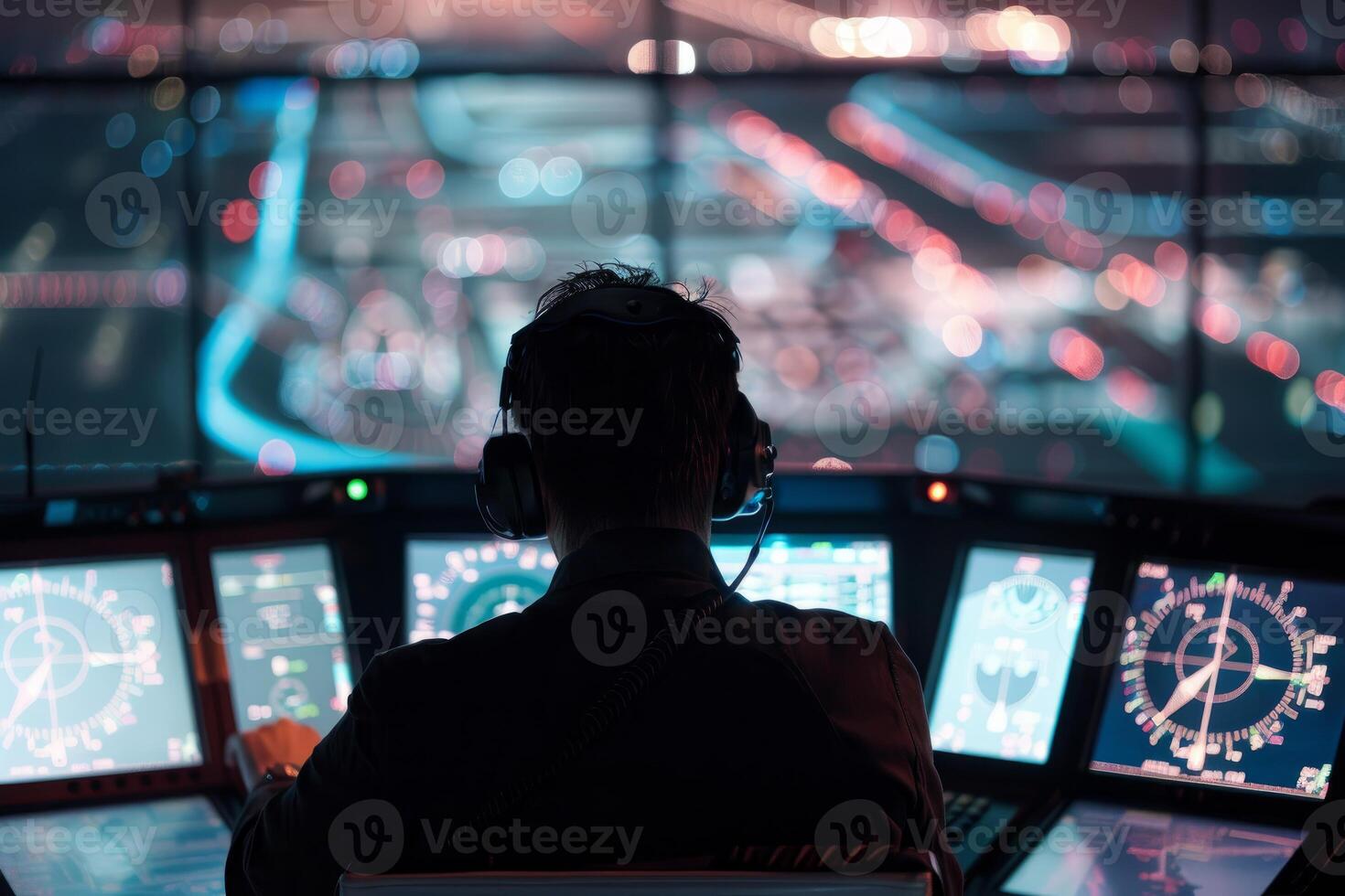 Air traffic controller managing departure and arrival operations inside control tower photo