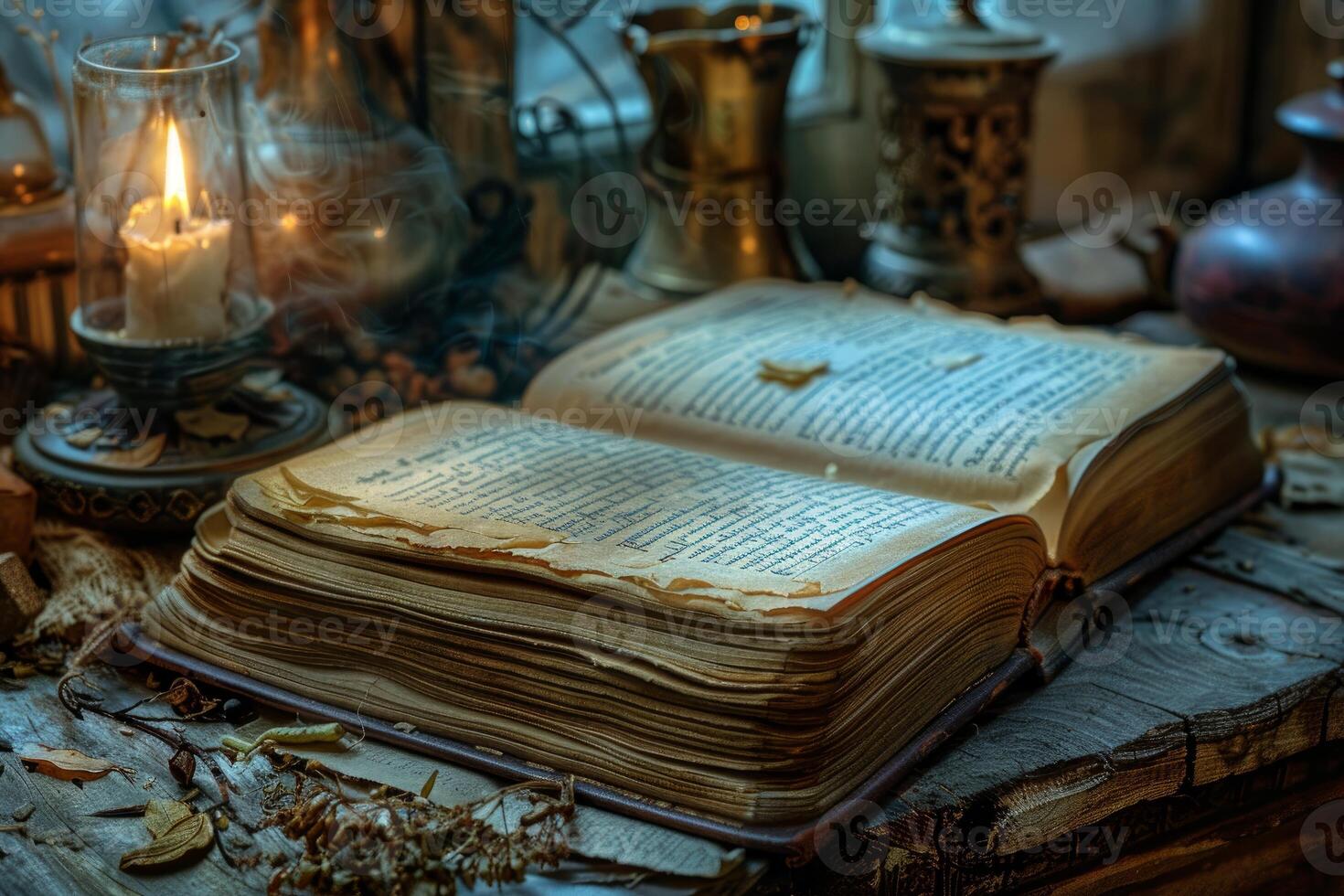 Open ancient book lying on desk with candle burning in candleholder photo
