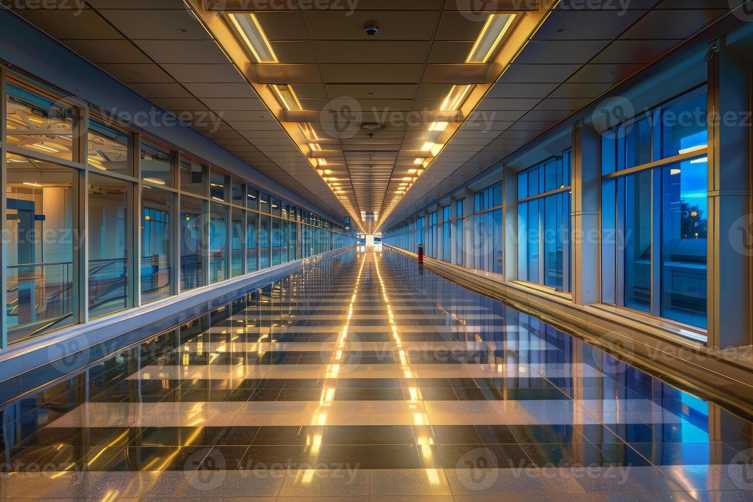 Empty corridor with glass walls reflecting lights at twilight photo