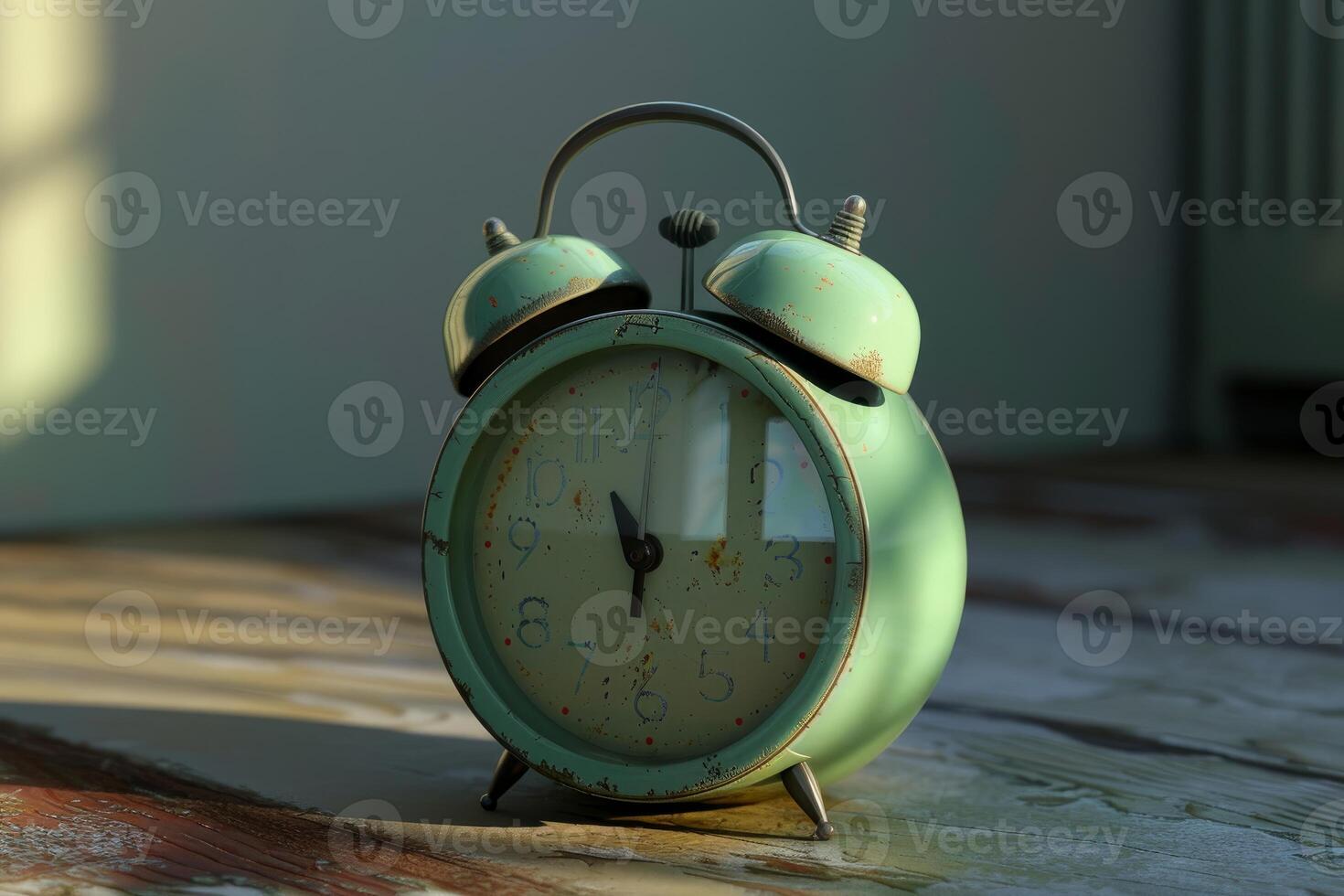 Old green alarm clock ticking on wooden floor photo