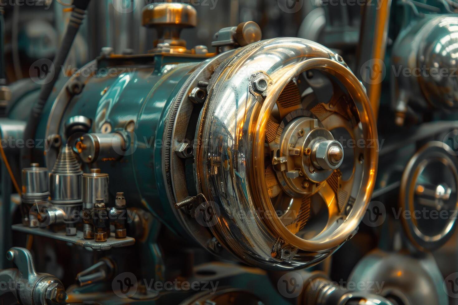 Old machine with chrome and brass details is working in the factory photo