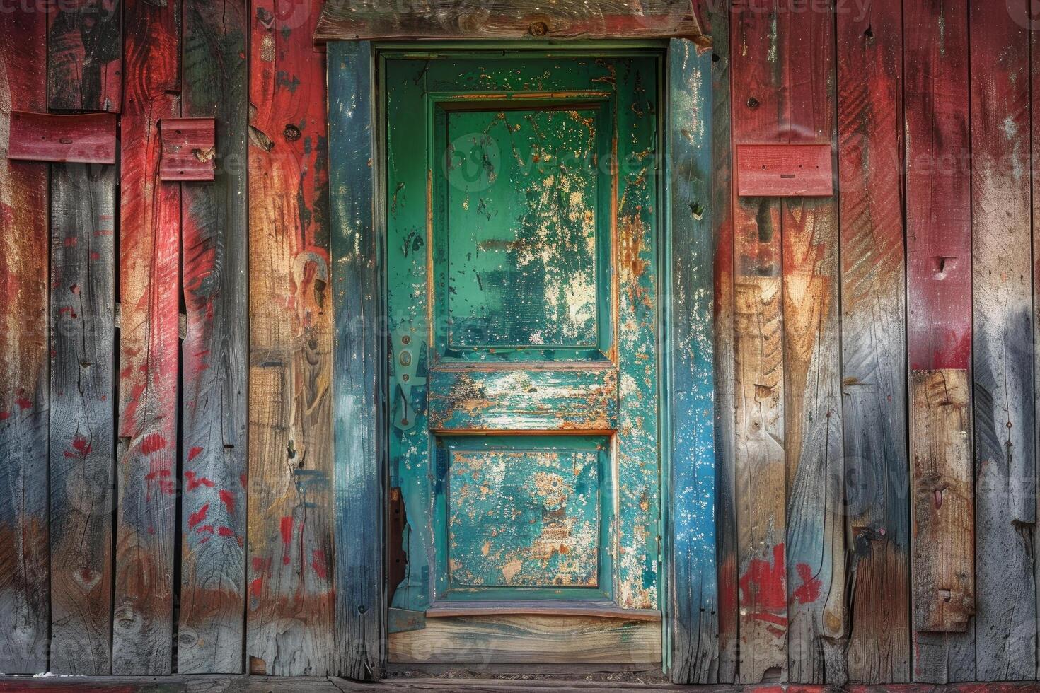 Weathered green door standing on colorful rustic building photo