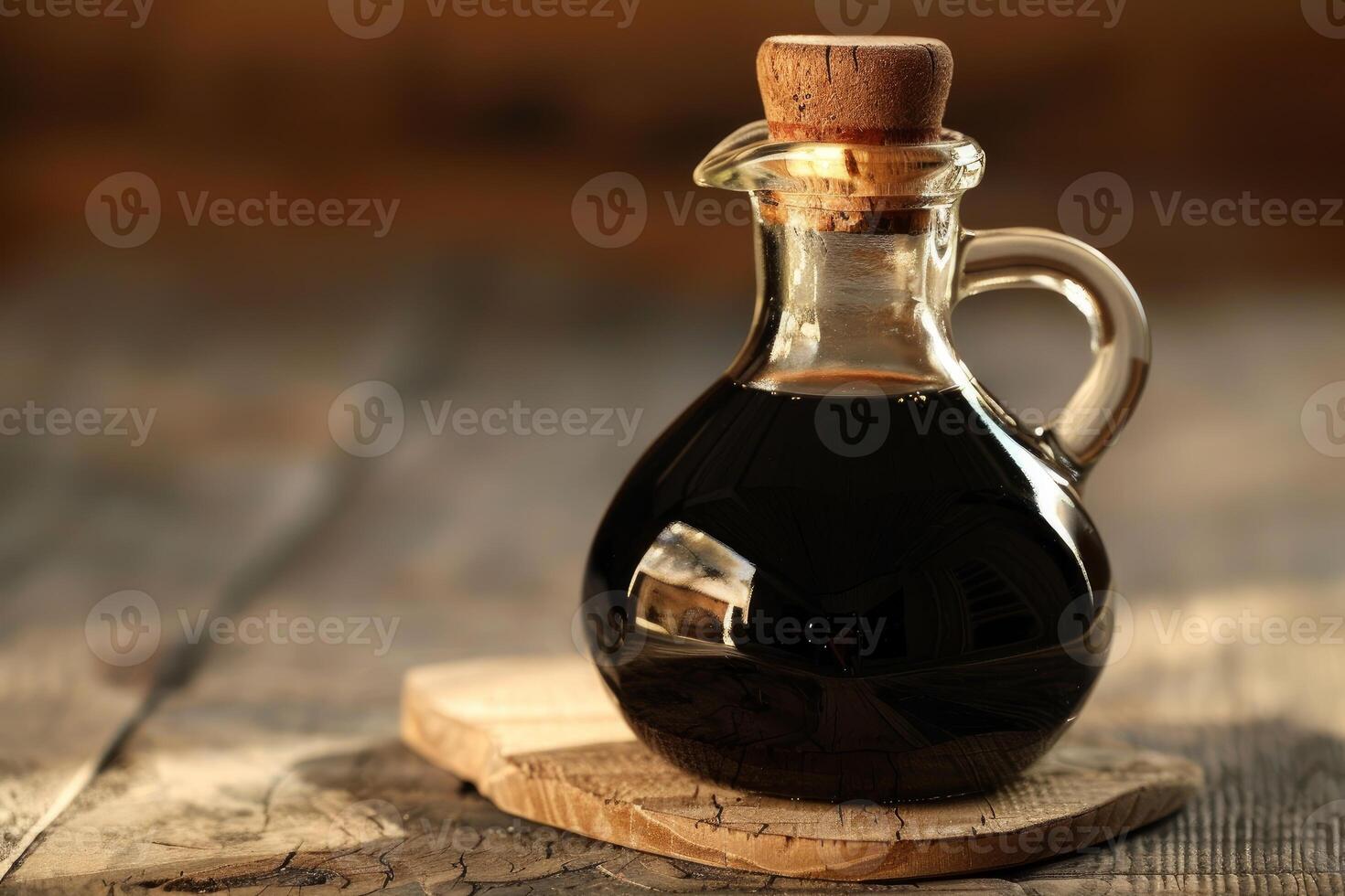 Balsamic vinegar in a glass jar resting on rustic wooden table photo