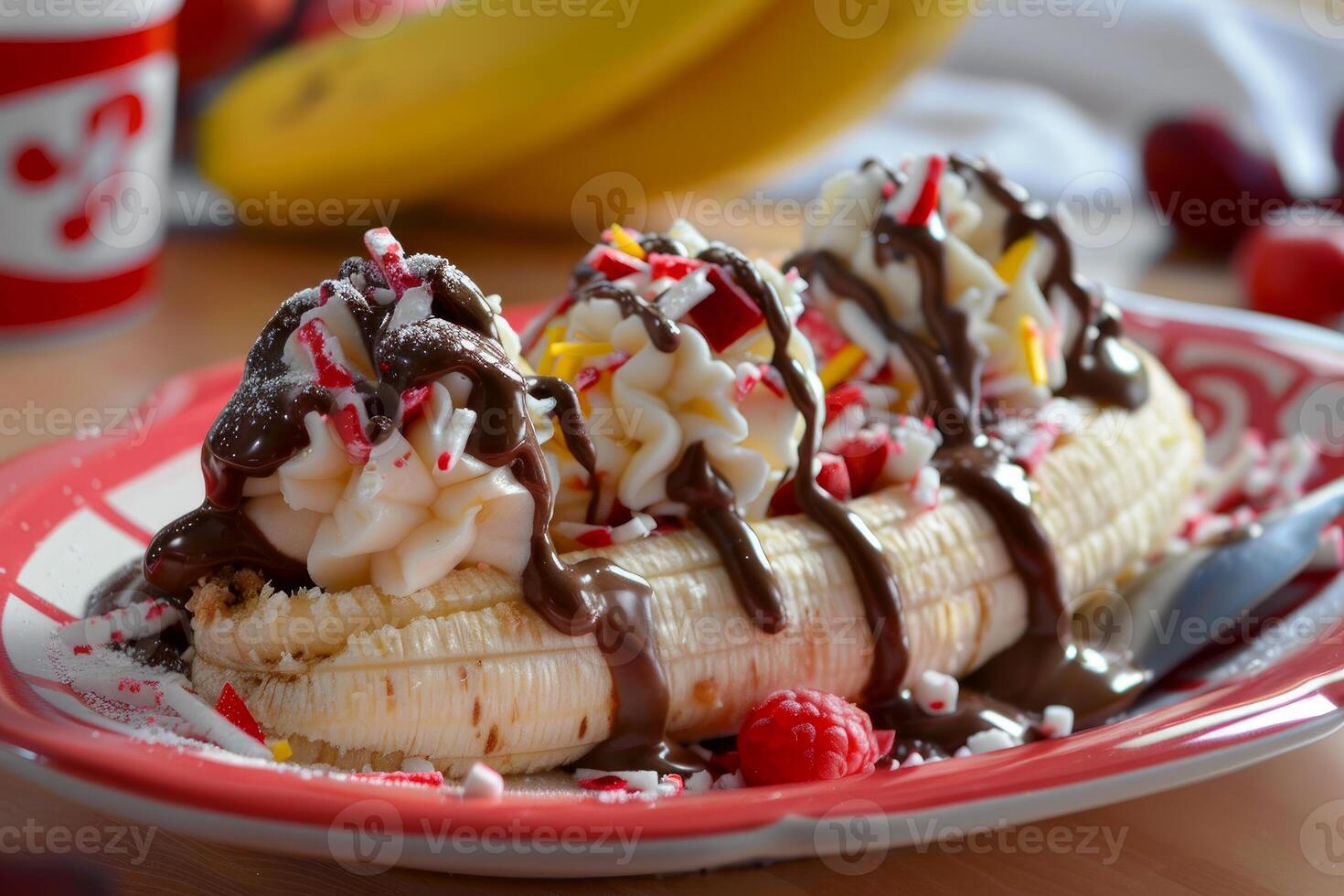 Banana split dessert drizzled with chocolate sauce on red plate photo