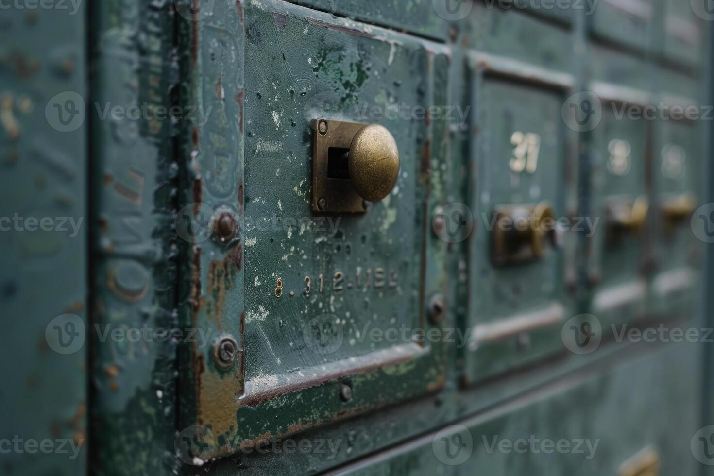 Old green mailboxes showing signs of age and wear photo