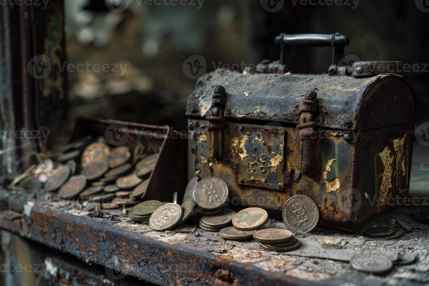 Old rusty chest sitting on a dusty shelf with old coins scattered around photo