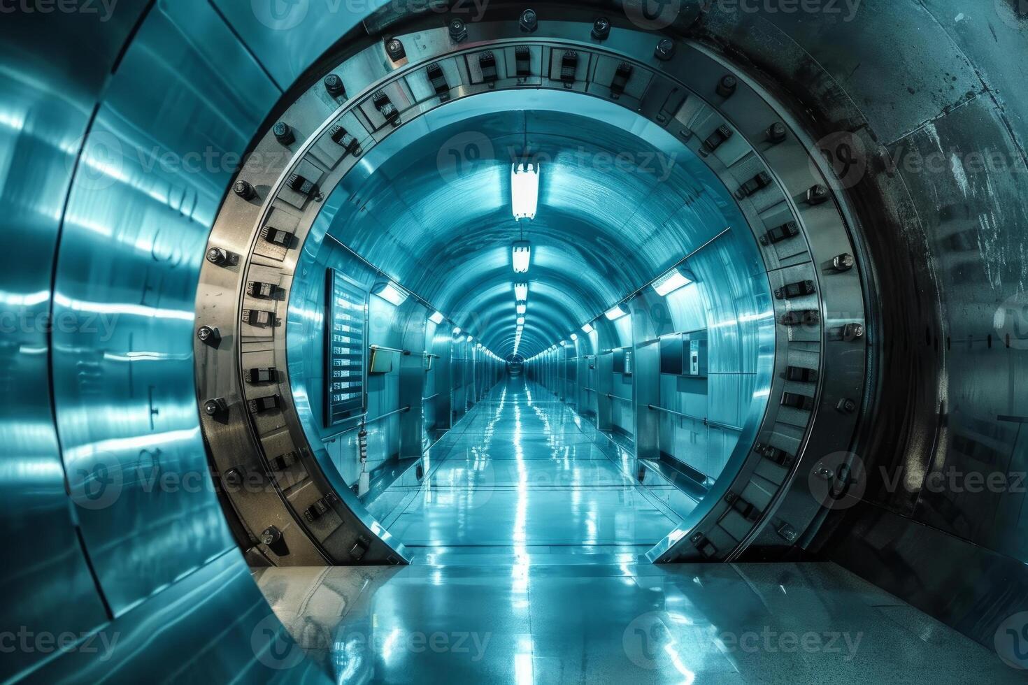 Large steel bank vault door is open revealing empty corridor photo