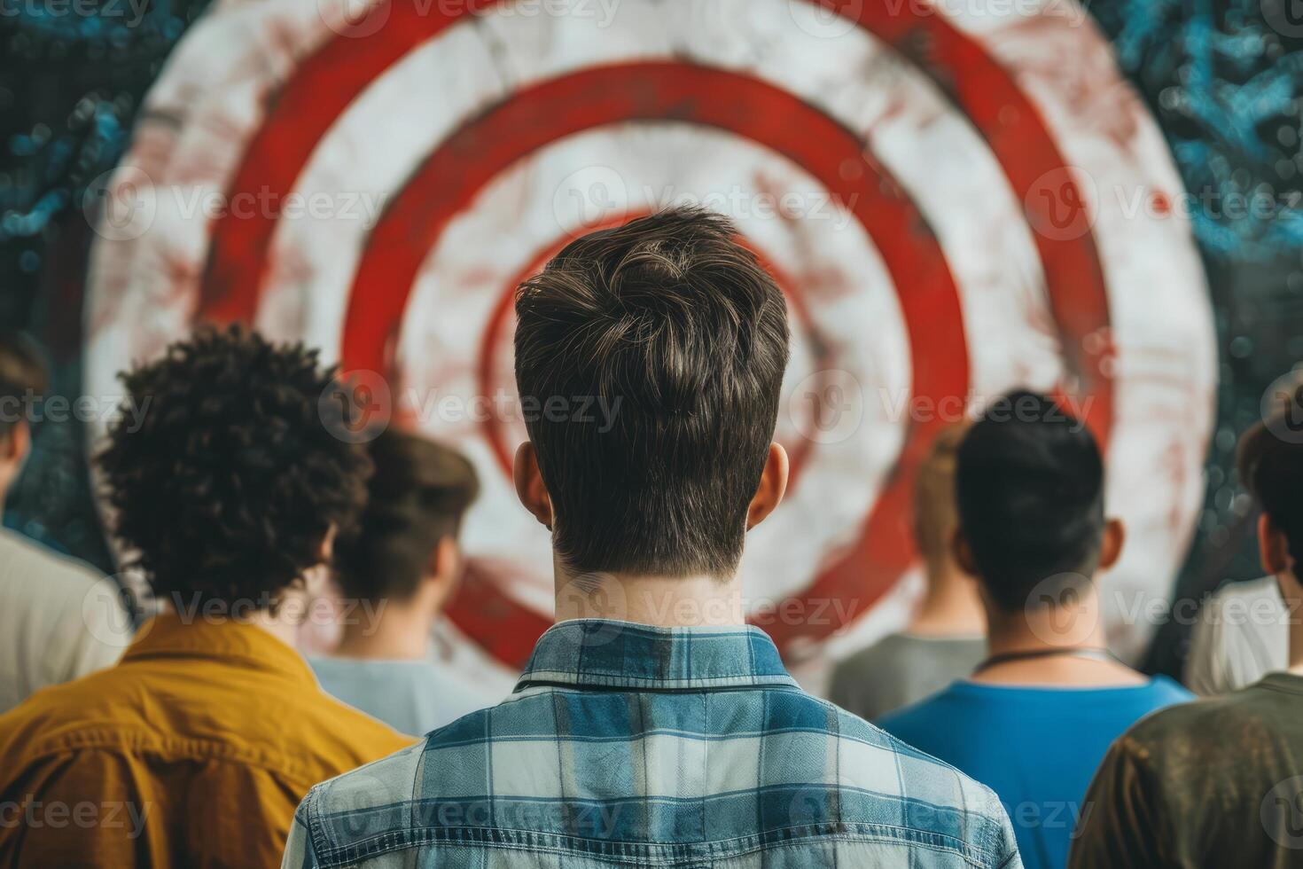 Group of young men standing and looking at target goal photo