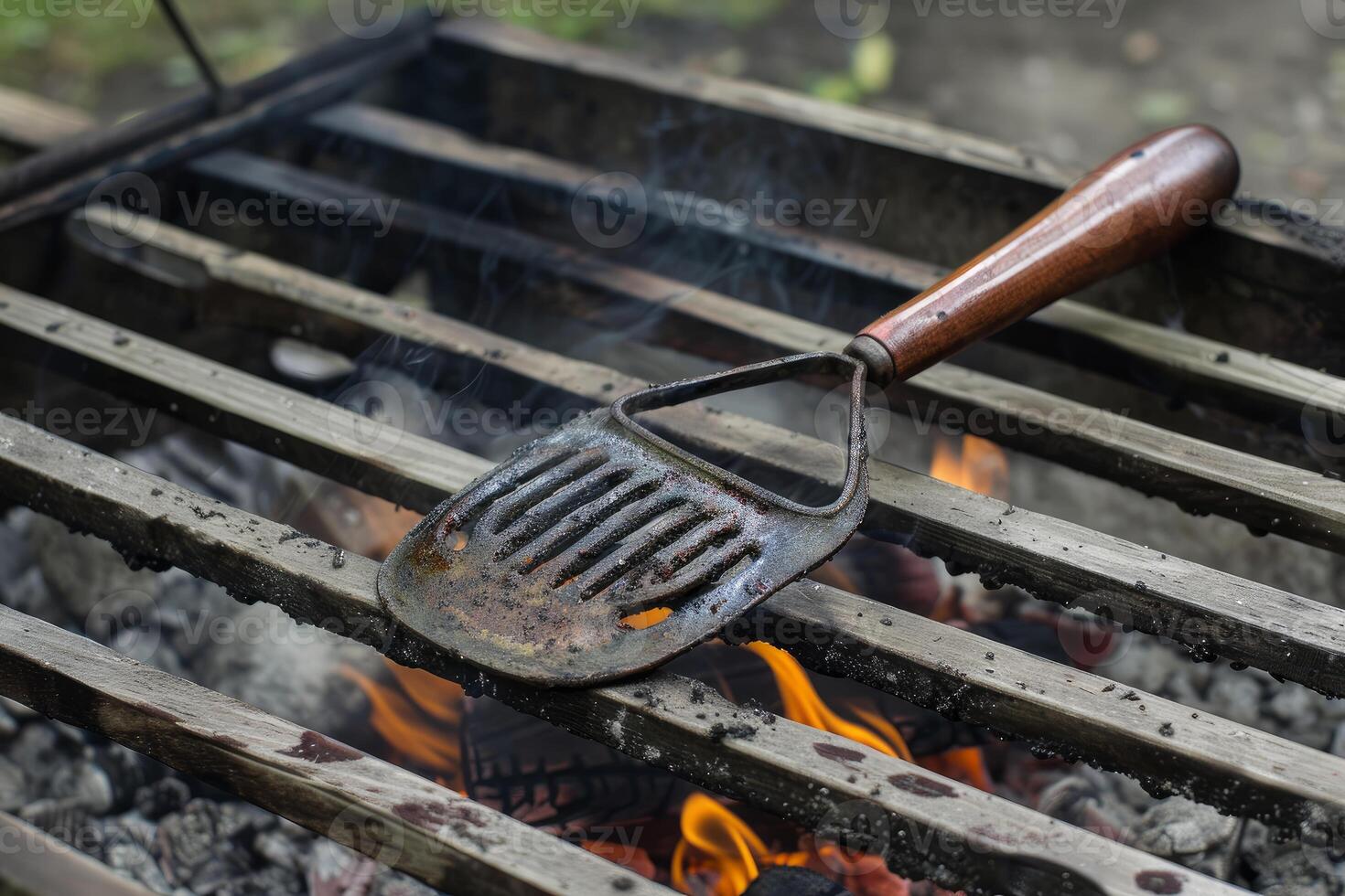 Old rusty metal spatula warming on top of barbecue grill photo